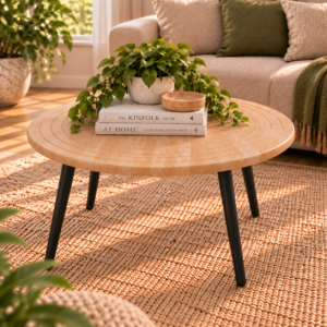 Evara Coffee Table | Round Rubber-Wood Centre Table with Concentric Groove Design & Black Tapered Legs | Finish- Wood Oak Light | spacesbyU