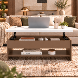 Norell Lift-Top Coffee Table | Center Table with Hidden Storage & Open Shelf for Living Room | Finish- Mocha Brown and Frosty White | spacesbyU