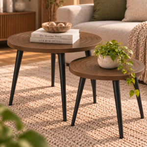 Ripple Duo Coffee Table Set of 2 | Round MDF Center Table with Concentric Groove Design & Black Tapered Legs | Finish- Mocha Brown | spacesbyU