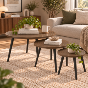 Ripple Trio Coffee Table Set of 3 | Round MDF Center Table with Concentric Groove Design & Black Tapered Legs | Finish- Mocha Brown | spacesbyU