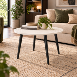 Ripple Coffee Table | Round MDF Center Table with Concentric Groove Design & Black Tapered Legs | Finish- Frosty White | spacesbyU
