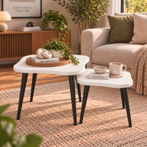 Cove Duo Coffee Table Set of 2 | Modern Curved Square Nesting Side Tables | Finish- Frosty White | spacesbyU