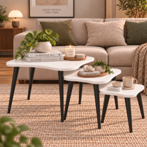 Cove Trio Coffee Table Set of 3 | Modern Curved Square Nesting Side Tables | Finish- Frosty White | spacesbyU