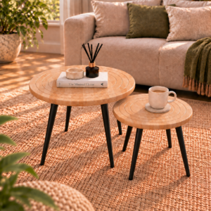 Evara Duo Coffee Table Set of 2 | Round Rubber-Wood Centre Table with Concentric Groove Design & Black Tapered Legs | Finish- Wood Oak Light | spacesbyU