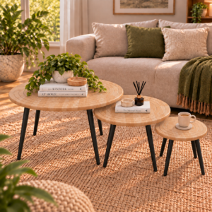 Evara Trio Coffee Table Set of 3 | Round Rubber-Wood Centre Table with Concentric Groove Design & Black Tapered Legs | Finish- Wood Oak Light | spacesbyU