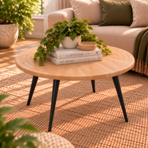 Evara Coffee Table | Round Rubber-Wood Centre Table with Concentric Groove Design & Black Tapered Legs | Finish- Wood Oak Light | spacesbyU