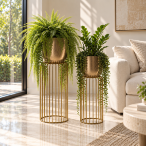 SpacesbyU Golden Metal Floor Planters Set of 2 | Modern Decorative Indoor Planters with Elevated Wire Cage Stands for Living Room, Bedroom & Office | spacesbyU