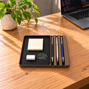 SpacesbyU Desk Organizer & Pen Stand | 3 Pen Slots and Storage Tray | Finish- Mocha Brown | spacesbyU