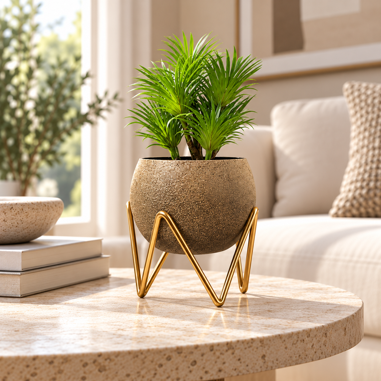 Antique Gold Palm Planter, Side View-6