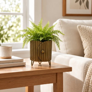 SpacesbyU Antique Golden Designer Metal Tabletop Planter with Ribbed Texture & Decorative Legs | Modern Indoor Plant Pot for Living Room, Bedroom & Office | spacesbyU