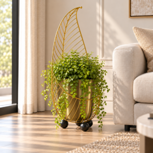 SpacesbyU Golden Leaf Designer Metal Floor Planter with Golden Pot | Decorative Indoor Plant Stand for Living Room, Bedroom & Office  | spacesbyU