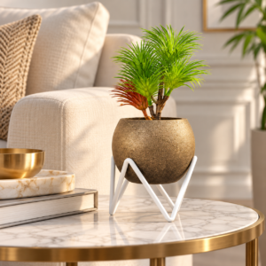 SpacesbyU Antique Golden Textured Metal Tabletop Planter with White Geometric Stand | Modern Decorative Indoor Plant Pot for Living Room, Bedroom & Office | spacesbyU