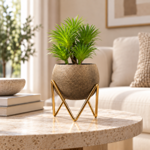 SpacesbyU Antique Golden Textured Metal Tabletop Planter with  Golden Geometric Stand | Modern Decorative Indoor Plant Pot for Living Room, Bedroom & Office | spacesbyU