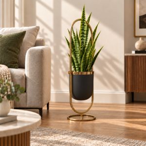 SpacesbyU Golden Arch Designer Metal Floor Planter with Black Pot | Modern Decorative Indoor Plant Stand for Living Room, Bedroom & Office | spacesbyU