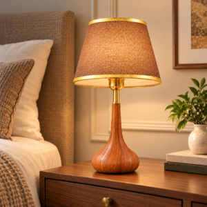 SpacesbyU Wooden Table Lamp with Fabric Shade & Golden Trim | Modern Decorative Bedside Lamp |