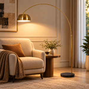 SpacesbyU Golden Arc Floor Lamp with Black Base | Modern Decorative Standing Lamp for Living Room & Bedroom