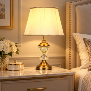 SpacesbyU Golden Crystal Table Lamp with Pleated Fabric Shade | Luxury Decorative Bedside Lamp for Bedroom & Living Room
