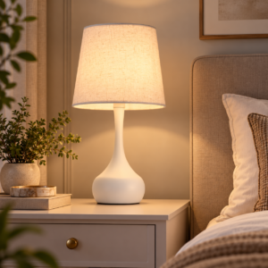 SpacesbyU White Table Lamp with Fabric Shade | Modern Decorative Bedside Lamp for Bedroom & Living Room