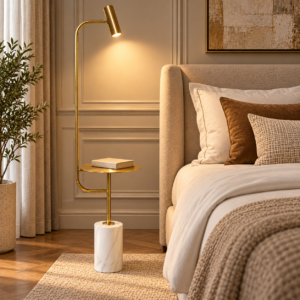 SpacesbyU Golden Floor Lamp with Integrated Side Table | Modern Decorative Reading Lamp for Bedroom & Living Room