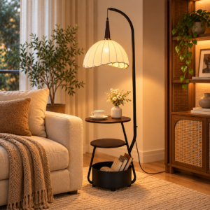 SpacesbyU Black Floor Lamp with Wooden Shelves & Fabric Shade | Modern Decorative Standing Lamp for Bedroom & Living Room