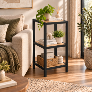 Solven Stack Modular 3-Tier Floor Shelf | 3-Tier Floor Open Storage & Display Shelf | Finish- Wood Oak Light and Metal Frame | spacesbyU