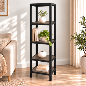 Aroxi Stack Modular 4-Tier Floor Shelf | 4-Tier Floor Open Storage & Display Shelf | Finish- Mocha Brown and Metal Frame | spacesbyU