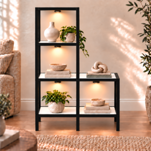 Nerio Stack Modular 4 Tier Floor Shelf | 4-Tier Floor Open Storage & Display Shelf | Finish- Frosty White and Metal Frame | spacesbyU