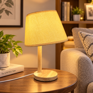 SpacesbyU Wooden Table Lamp with Tilted Fabric Shade | Modern Decorative Bedside Lamp for Bedroom & Living Room