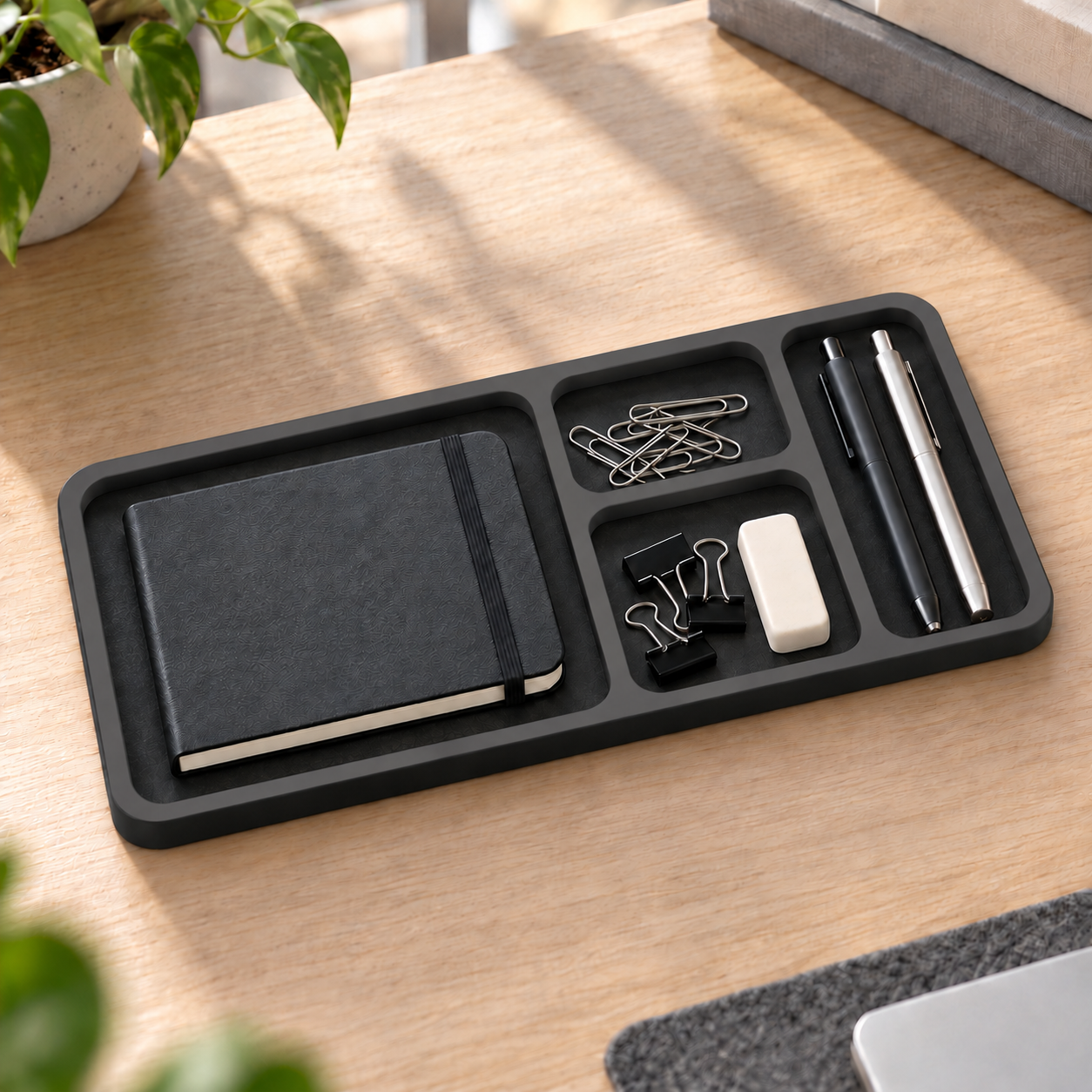 Dark gray four-compartment desk organizer