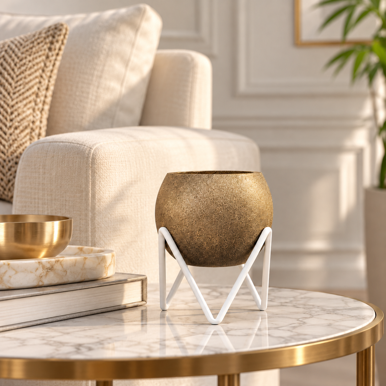 Empty Antique Gold Planter on White Cradle-3