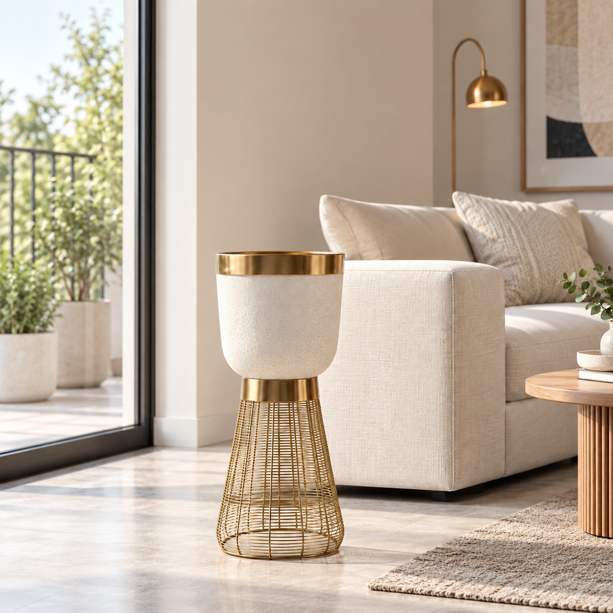 Empty gold pedestal planter in living room-4