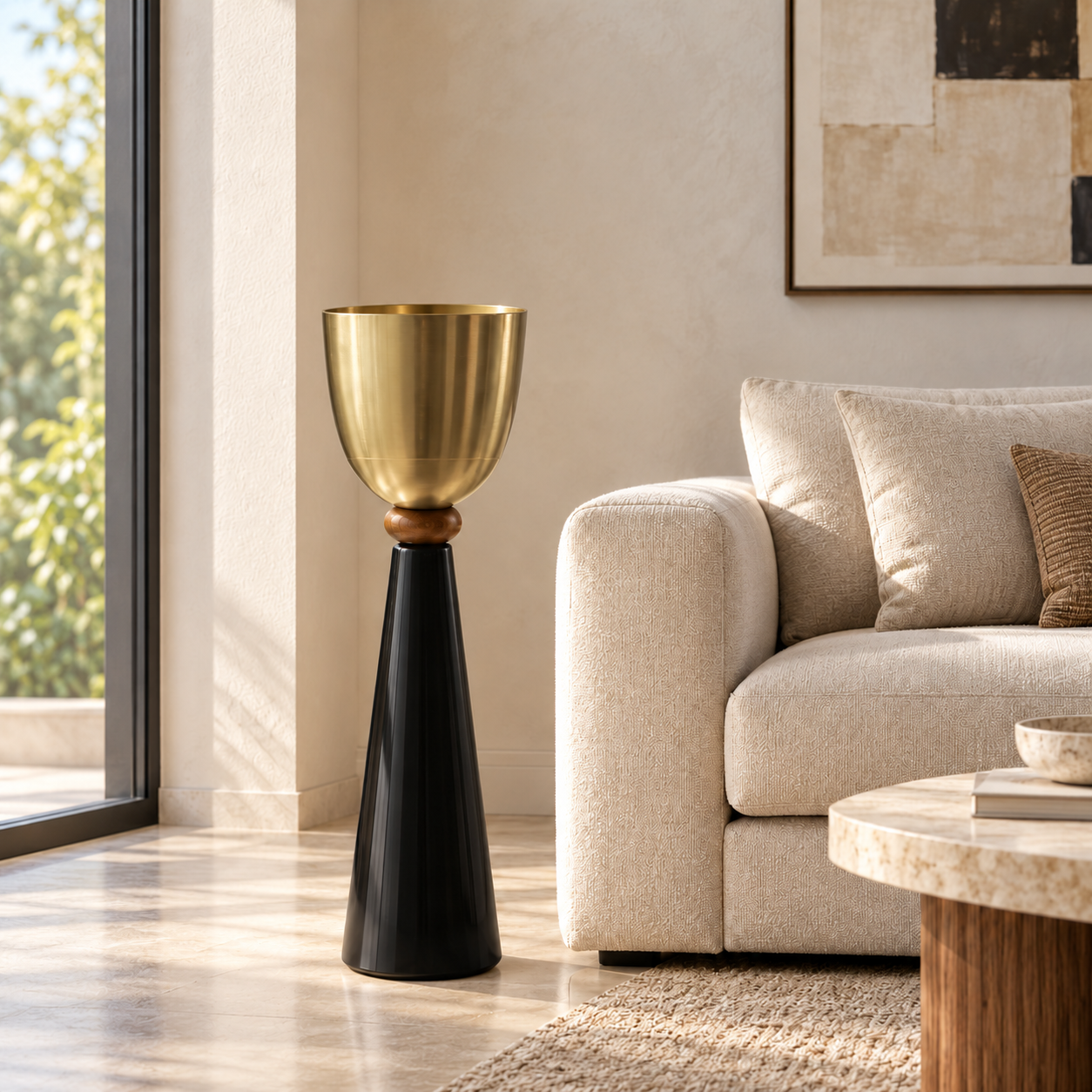 Empty gold planter in living room-3