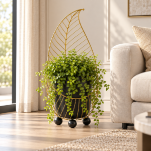 SpacesbyU Golden Leaf Designer Metal Floor Planter with Black Pot | Decorative Indoor Plant Stand for Living Room, Bedroom & Office | spacesbyU