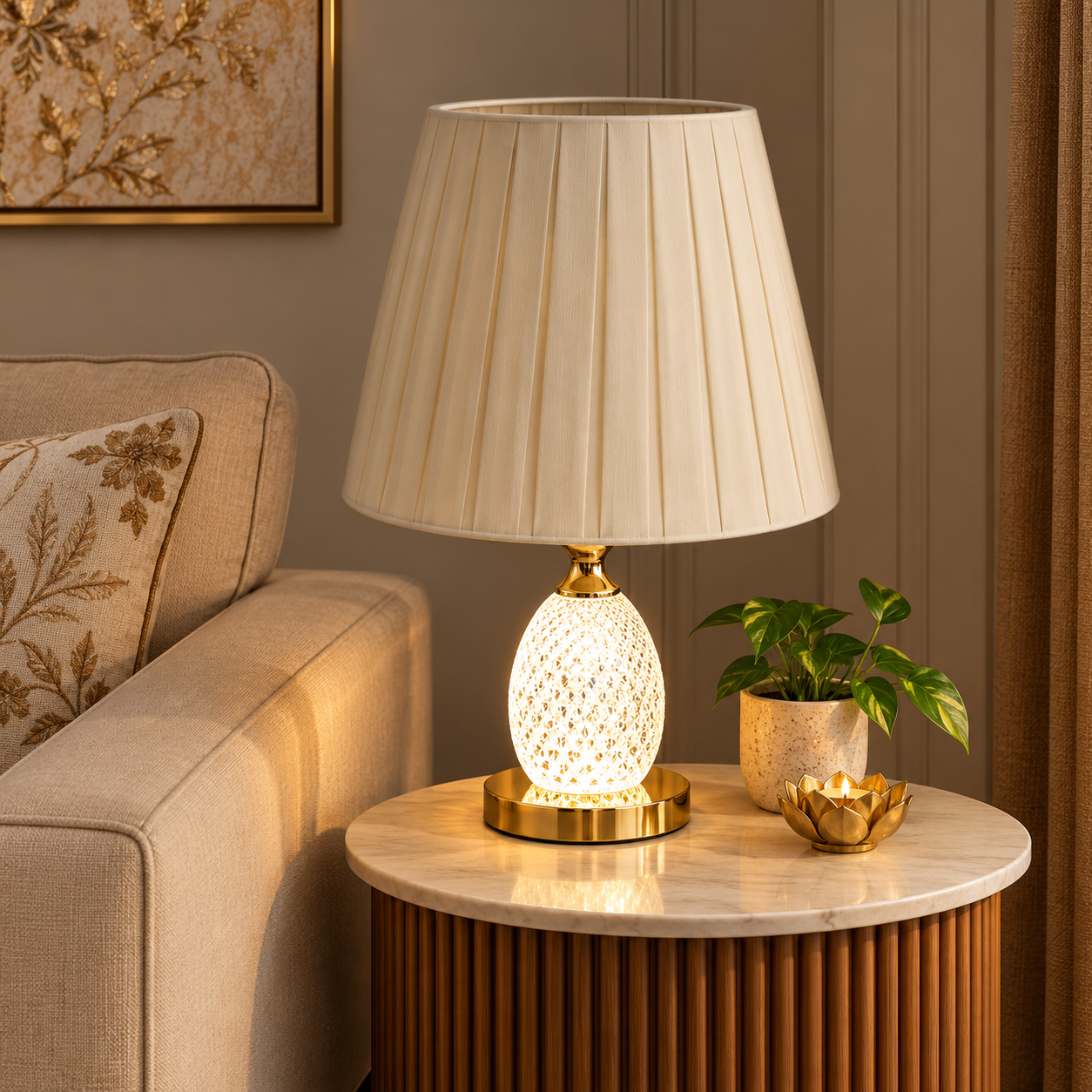 Glowing Crystal Lamp on Marble Table