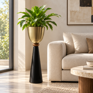 SpacesbyU Golden Bowl Designer Floor Planter with Glossy Black Pedestal Stand | Modern Decorative Indoor Planter for Living Room, Bedroom & Office | spacesbyU