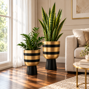 SpacesbyU Golden & Black Striped Metal Floor Planters | Modern Decorative Indoor Planter Set of 2 with Elevated Pedestal Base for Living Room, Bedroom & Office | spacesbyU