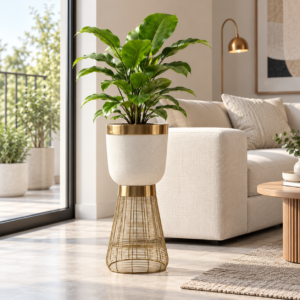 SpacesbyU White & Golden Designer Metal Floor Planter with Wire Mesh Pedestal Stand | Modern Decorative Indoor Planter for Living Room, Bedroom & Office | spacesbyU