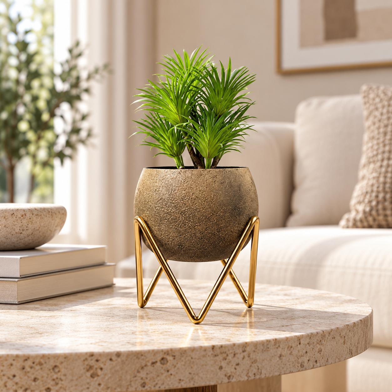 Gold planter on a stone side table