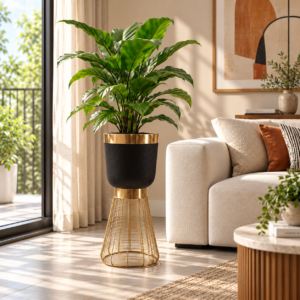 Black & Golden Designer Metal Floor Planter with Wire Mesh Pedestal Stand | Modern Decorative Indoor Planter for Living Room, Bedroom & Office | spacesbyU