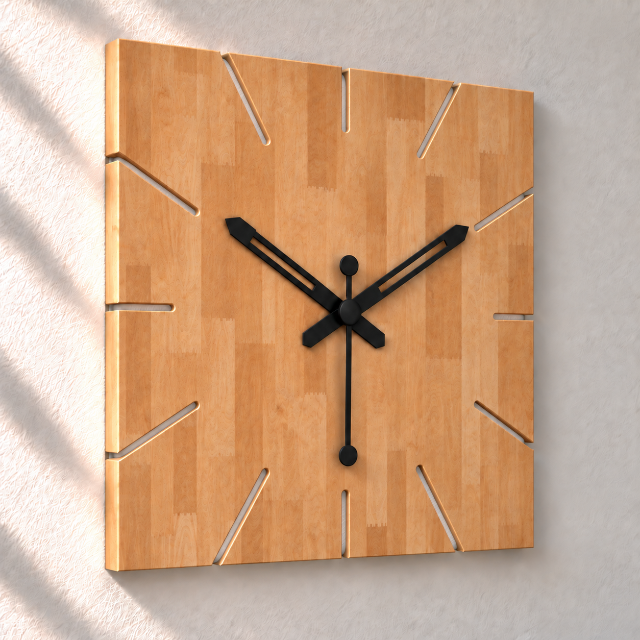 Square wooden clock with open radial slots-1