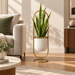 SpacesbyU Golden Arch Designer Metal Floor Planter with Ivory Pot | Modern Decorative Indoor Plant Stand for Living Room, Bedroom & Office | spacesbyU
