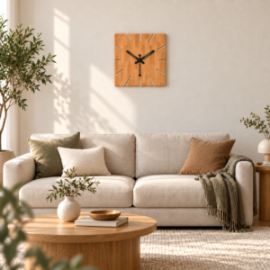 SpacesbyU Decorative Square Wall Design Wall Clock | Stylish Wall Watch |  Rubber Wood Wall Clock | Finish - Wood Oak Light | Modern Designer Clock for Bedroom & Office | spacesbyU