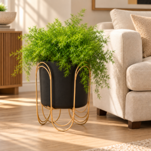 SpacesbyU Black & Golden Designer Metal Planter with Decorative Loop Stand | Modern Indoor Plant Pot for Living Room, Bedroom & Office | spacesbyU