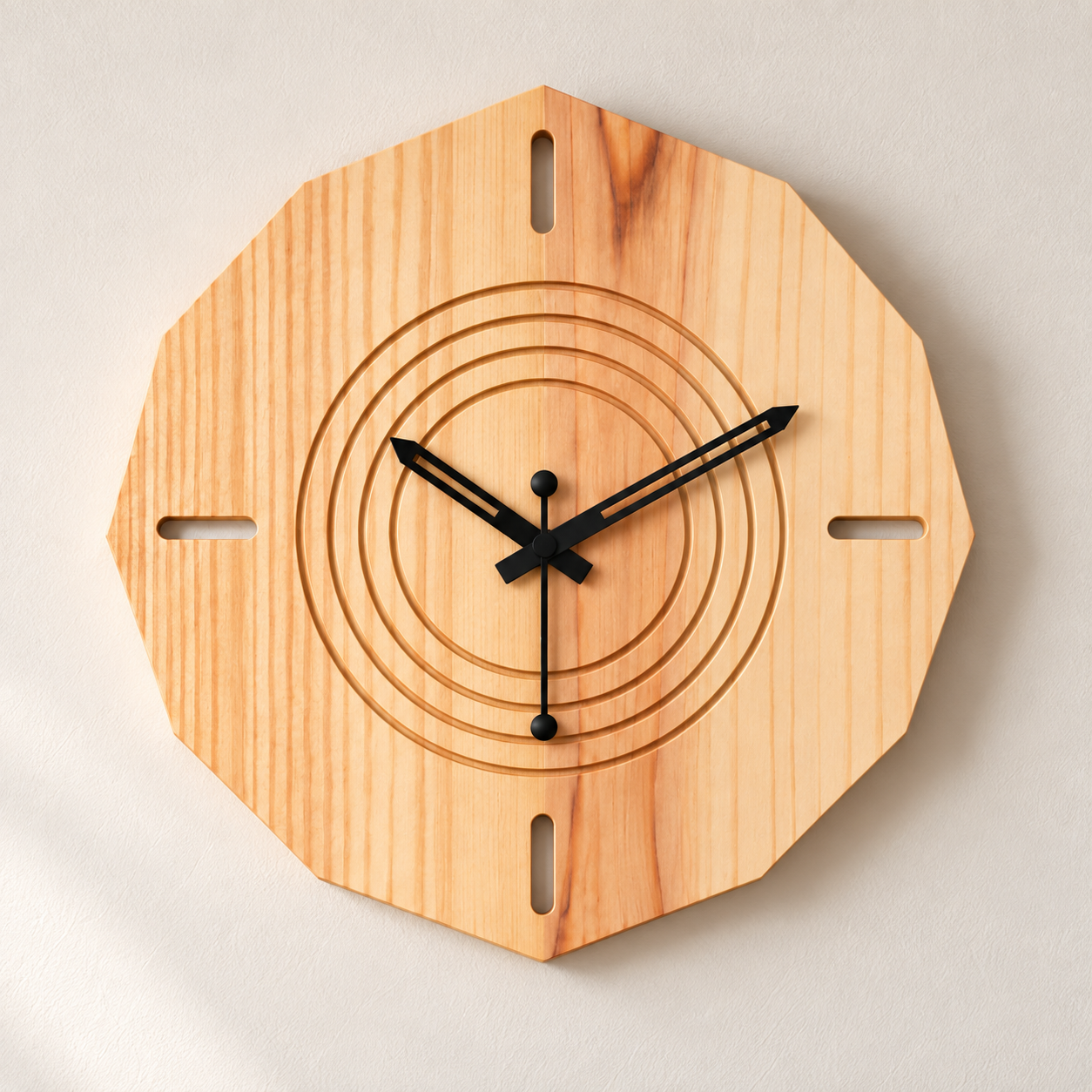 Twelve-Sided Pine Wall Clock Close-Up