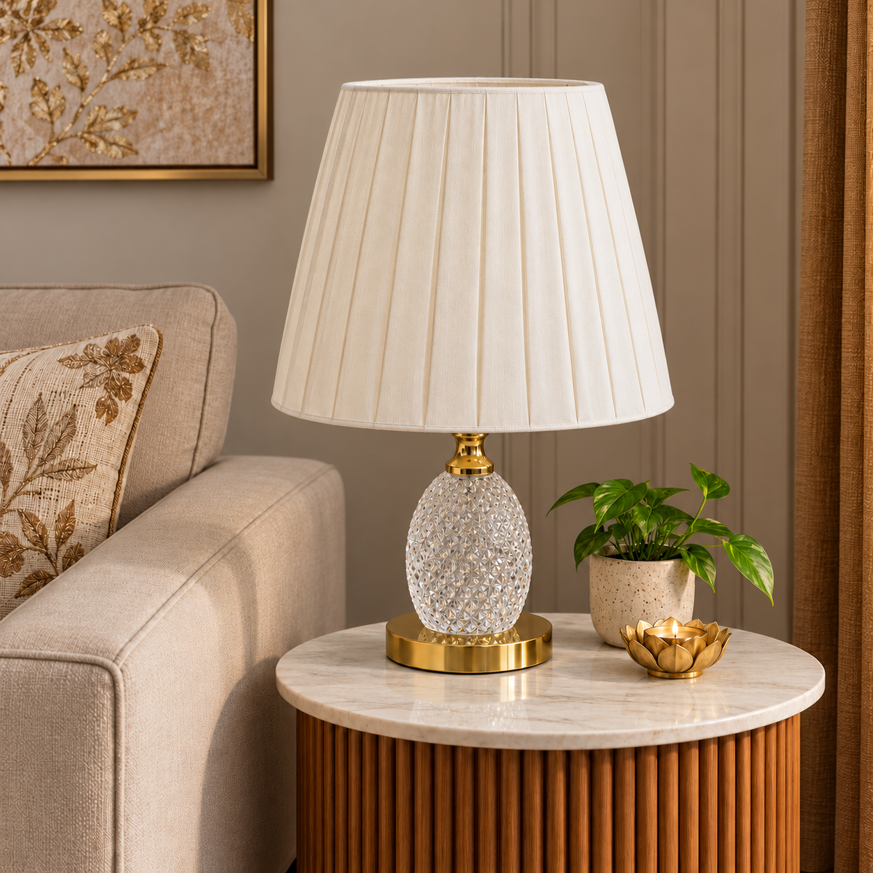 Unlit Crystal Lamp in Warm Luxury Interior