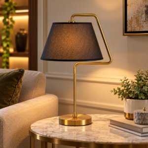 SpacesbyU Golden Table Lamp with Black Fabric Shade | Modern Decorative Bedside Lamp for Bedroom & Living Room
