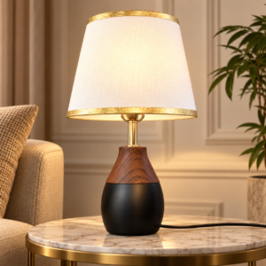 SpacesbyU Wooden & Black Table Lamp with Gold Trim | Modern Decorative Bedside Lamp | spacesbyU