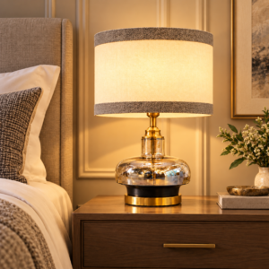 SpacesbyU Decorative Glass Table Lamp with Fabric Shade | Modern Golden & Black Bedside Lamp for Bedroom & Living Room