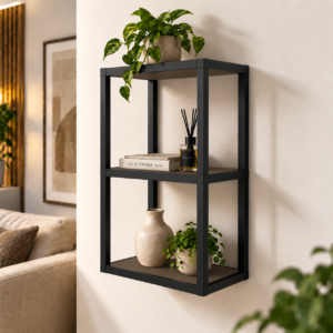 Aurex Stack Modular Wall Shelf | 2-Tier Wall Mounted Open Storage & Display Shelf | Finish- Mocha Brown and Metal Frame | spacesbyU