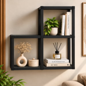 Avira Stack Modular Wall Shelf | 3-Tier Wall Mounted Open Storage & Display Shelf | Finish- Grey and Metal Frame | spacesbyU